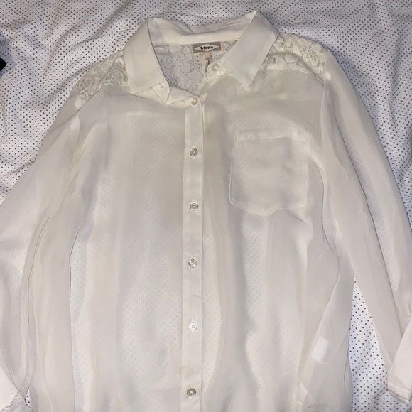 white/sheer button down long sleeve with flower detailing on the upper shoulder - Picture 1 of 3